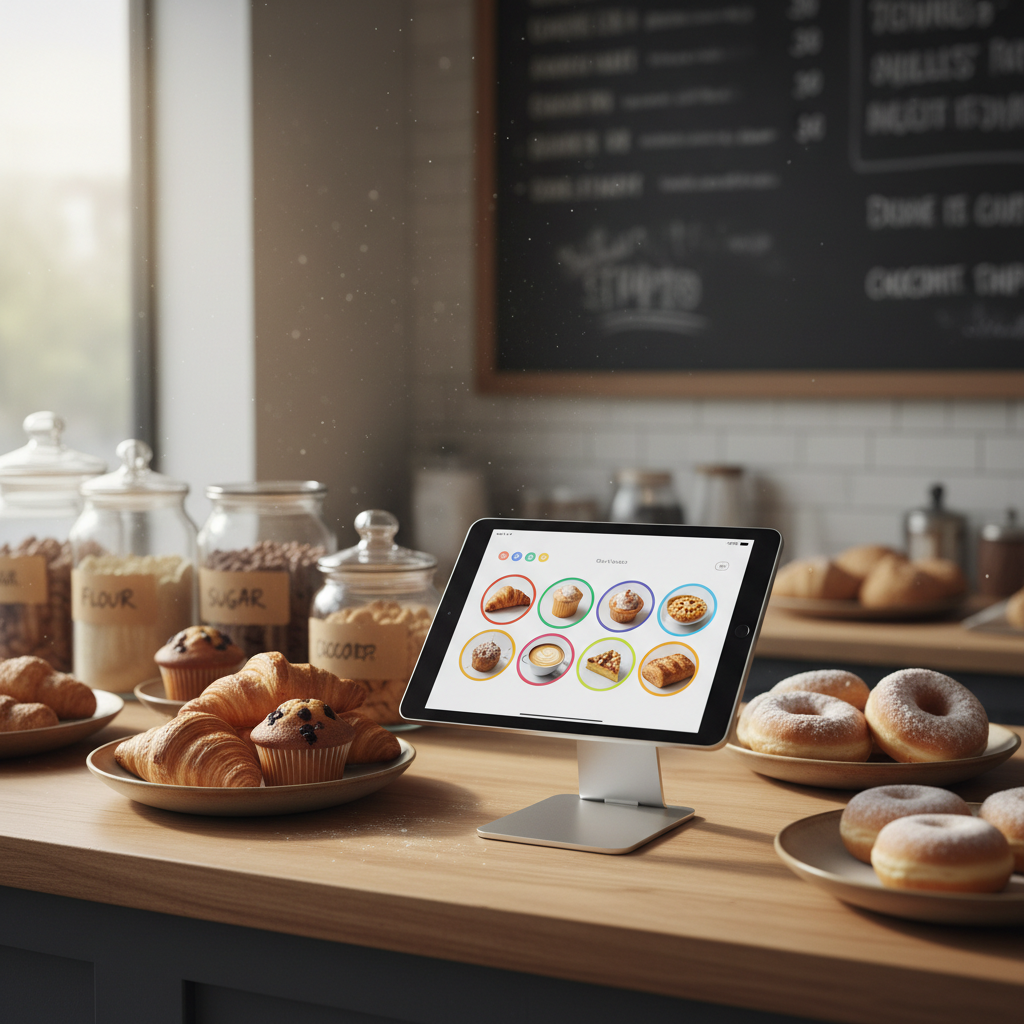 A bright wooden counter inside a small bakery, with a tablet on a minimalist stand showing a simple, colorful, text-free social media grid made of icons and photos of pastries. Around it are neatly arranged baked goods on rustic plates, hand-labeled glass jars of ingredients, and a chalkboard menu in the background with indecipherable scribbles, kept out of focus. Soft morning light filters through the front window, catching flour dust in the air and casting gentle highlights on the tablet screen. Photographic realism, shot from a slightly elevated angle with a friendly, down-to-earth mood, emphasizing how digital marketing tools sit naturally within an everyday neighborhood shop environment.