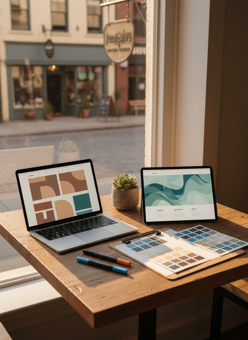 A small, sunlit corner of a local coffee shop where a slim laptop and a tablet lie open on a reclaimed wood table, showing simple, bold, text-free website mockups for a café and a hair salon. Nearby, a clipboard with printed brand color swatches, a few uncapped markers, and a small potted plant create a relaxed planning scene. The background reveals a softly blurred view of a street with tiny storefronts and hanging signs. Golden hour natural light streams through large windows, giving the space a warm, optimistic tone. Photographic realism, shot at eye level with a slightly wide lens, creating a clean, modern yet approachable atmosphere that suggests practical, visual branding work for small businesses.