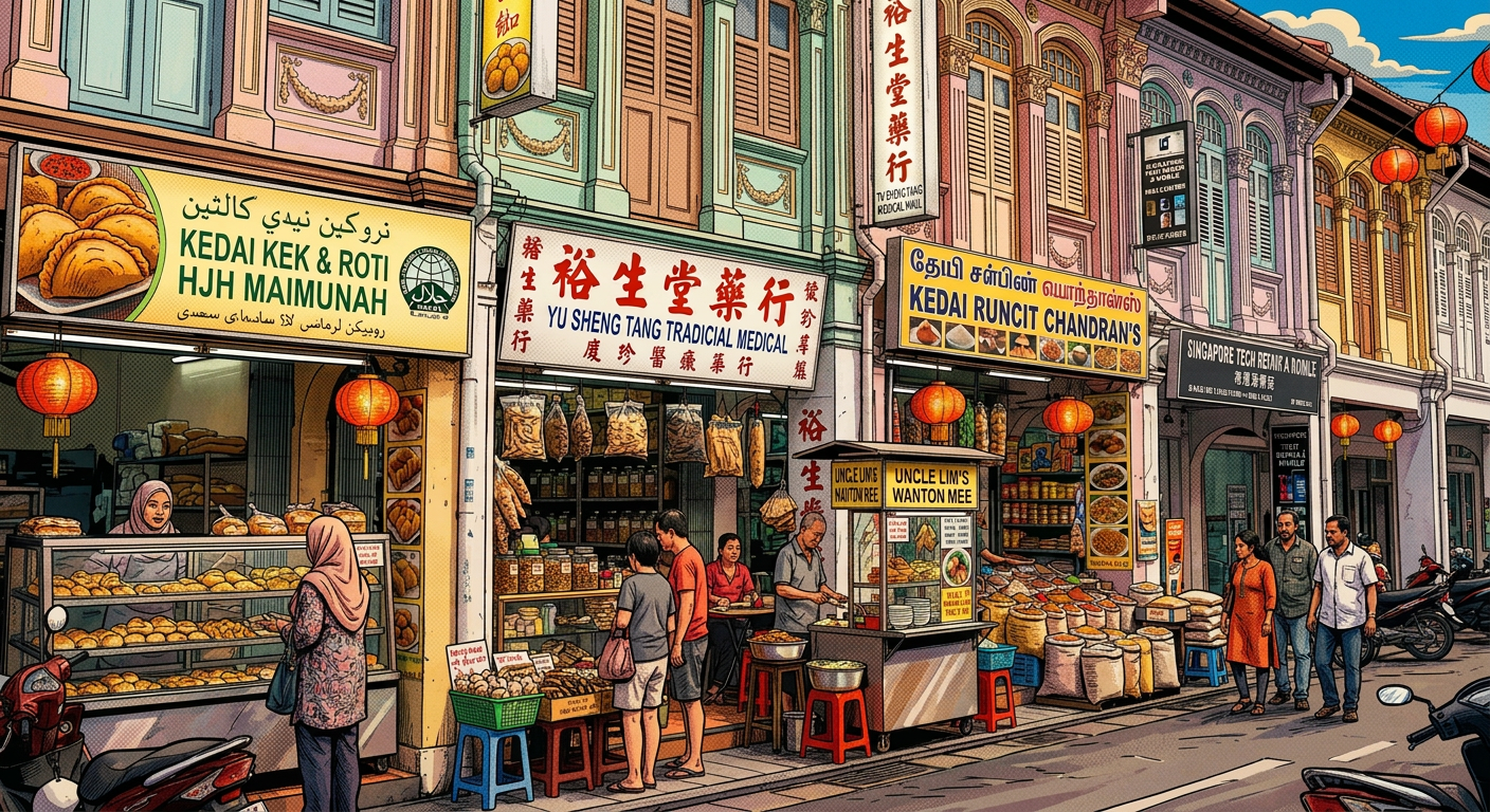 Street scene of people shopping at bakery, traditional medical store, and spice shop in Asian town