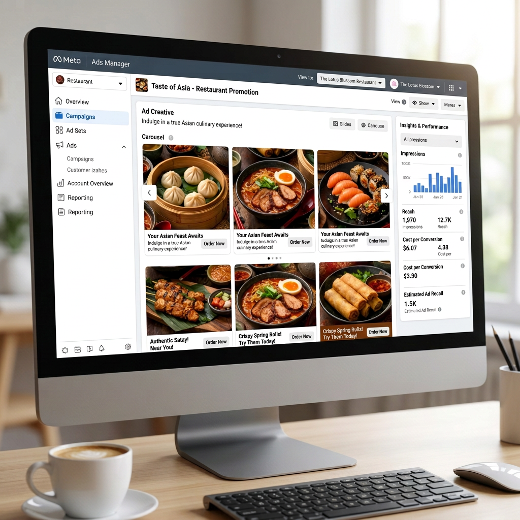 Meta Ads Manager interface displaying a restaurant campaign with Asian food carousel ads and performance metrics