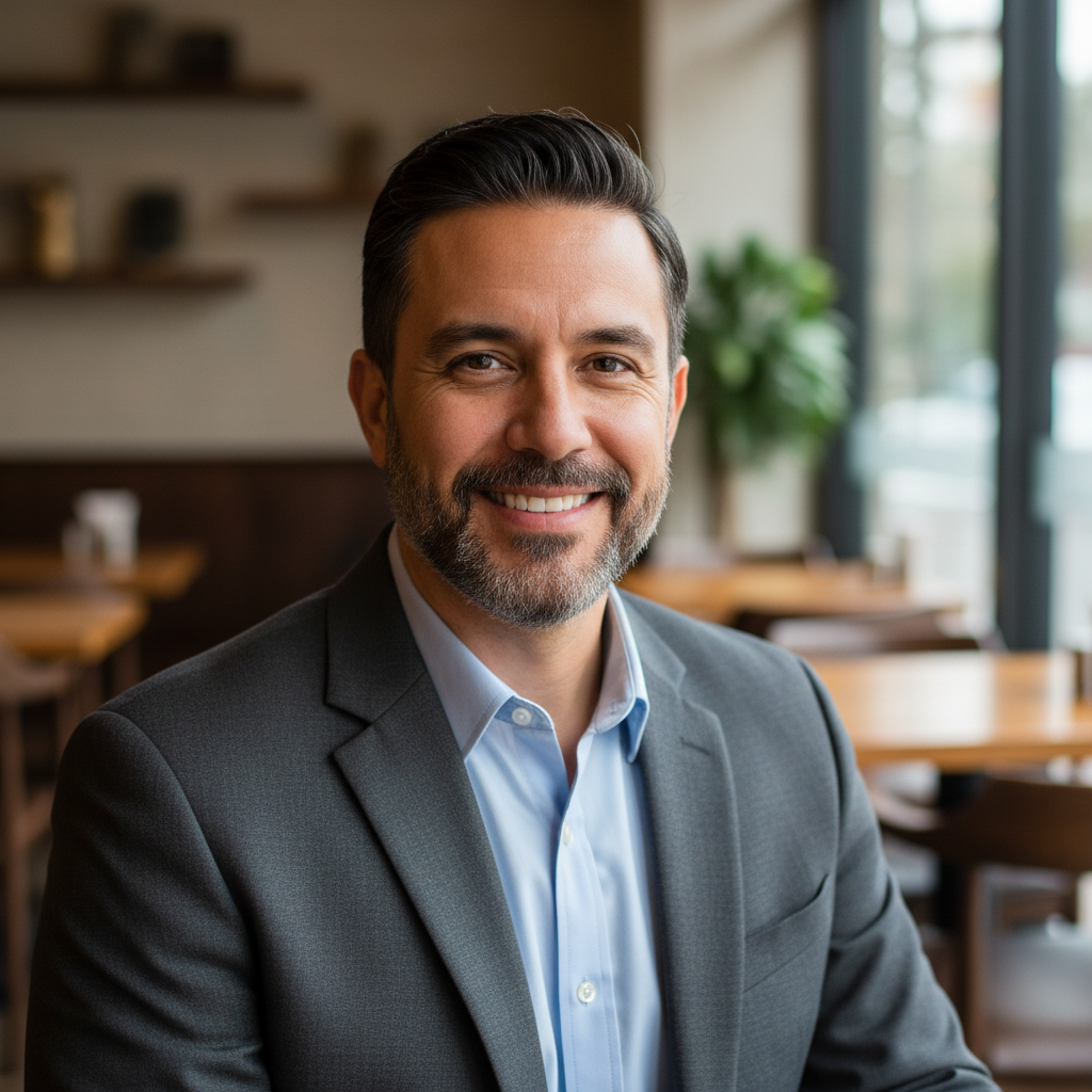 A friendly middle-aged Latino man looking directly at the camera with a warm, confident smile, as if giving a testimonial.