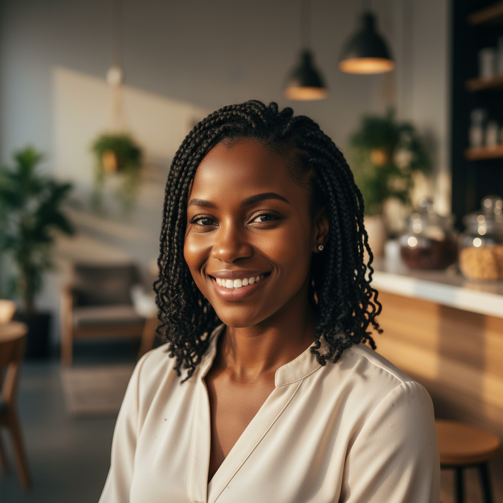 A friendly African woman looking directly at the camera with a warm, genuine smile, as if giving a testimonial.