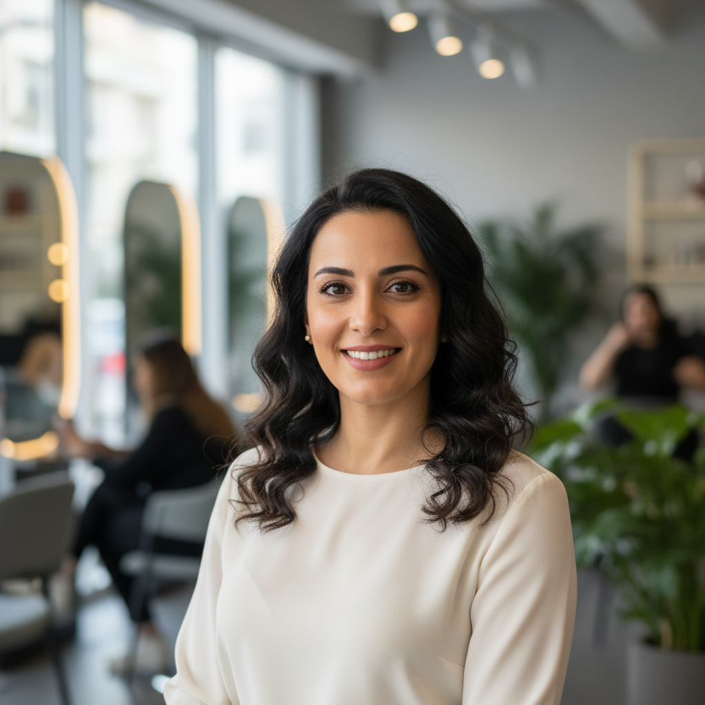 A friendly Middle Eastern woman looking directly at the camera with a confident, warm smile, as if giving a testimonial.