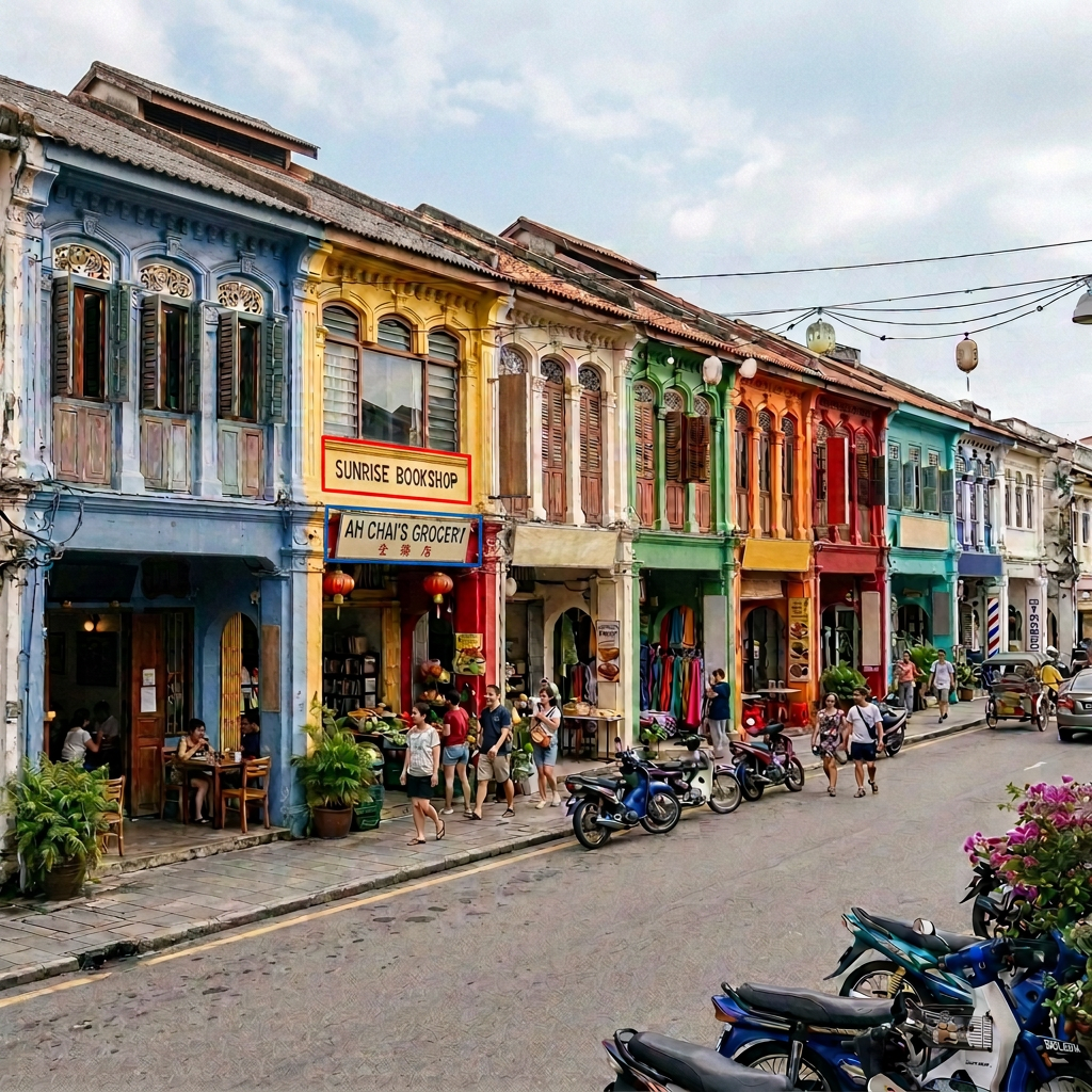 Multicultural street market in Asia Row of brightly painted historic shophouses with shops and pedestrians